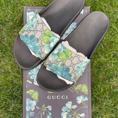 gucci slides aqua floral 890|Gucci floral slides size 8.